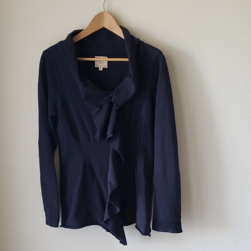 BLACK SWAN Navy Ruffle Knit Asymmetric Zip Jacket 100% Cotton Sz M Casual Comfy
